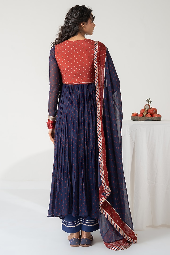 Blue Chiffon Bandhani Printed Koti Party Wear Anarkali Set by Baise Gaba at Pernia's Pop Up Shop