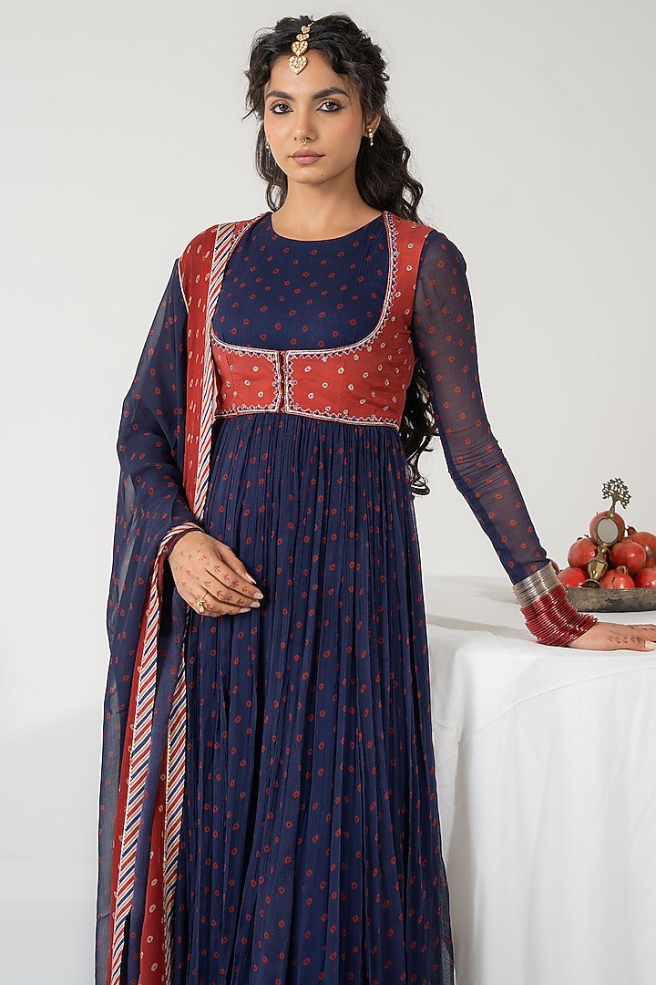 Blue Chiffon Bandhani Printed Koti Party Wear Anarkali Set by Baise Gaba at Pernia's Pop Up Shop