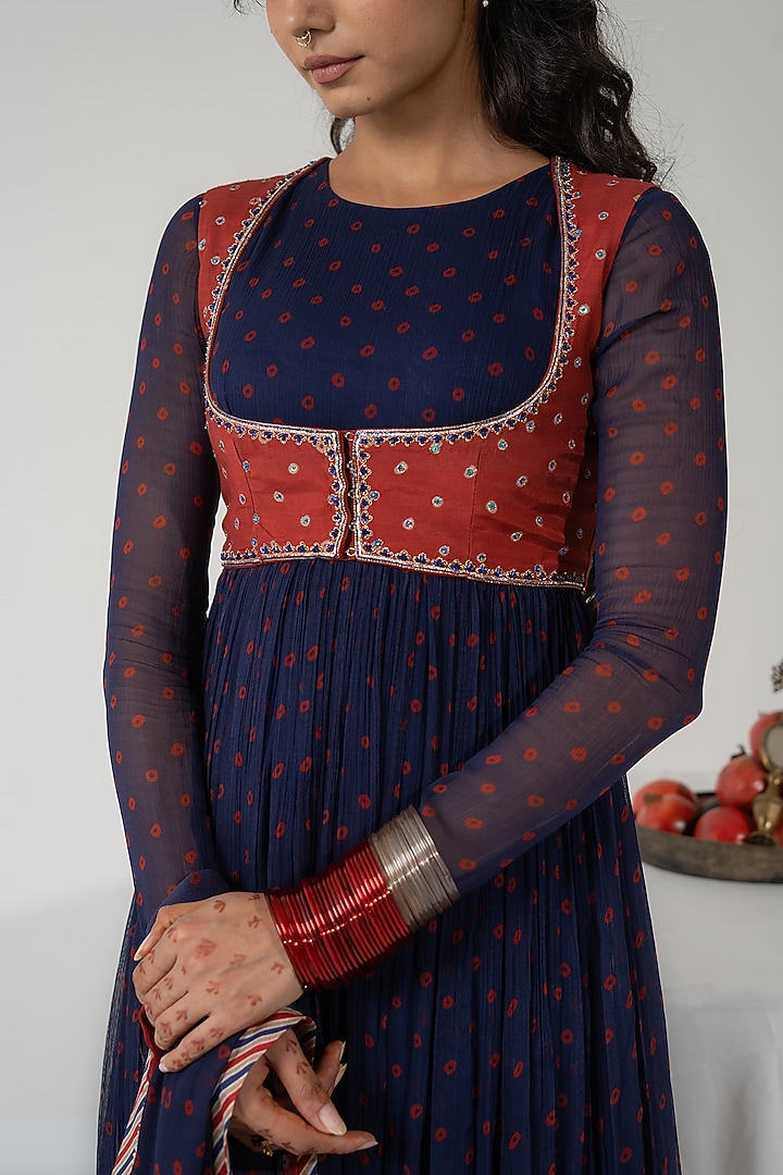 Blue Chiffon Bandhani Printed Koti Party Wear Anarkali Set by Baise Gaba at Pernia's Pop Up Shop