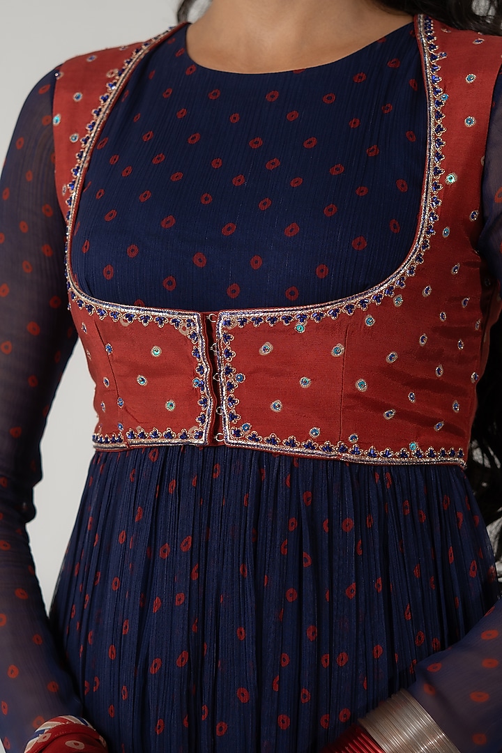 Blue Chiffon Bandhani Printed Koti Party Wear Anarkali Set by Baise Gaba at Pernia's Pop Up Shop