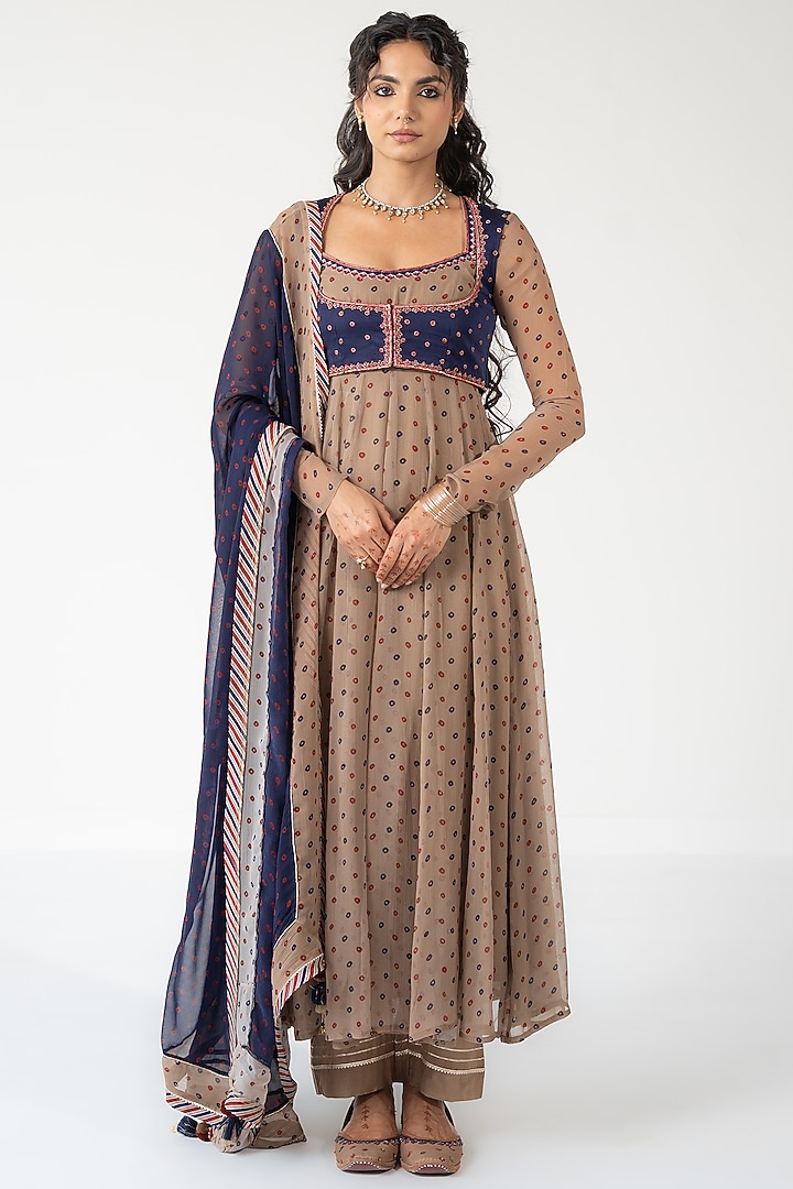 Beige Chiffon Bandhani Printed Koti Party Wear Anarkali Set by Baise Gaba at Pernia's Pop Up Shop
