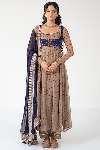 Beige Chiffon Bandhani Printed Koti Anarkali Set by Baise Gaba