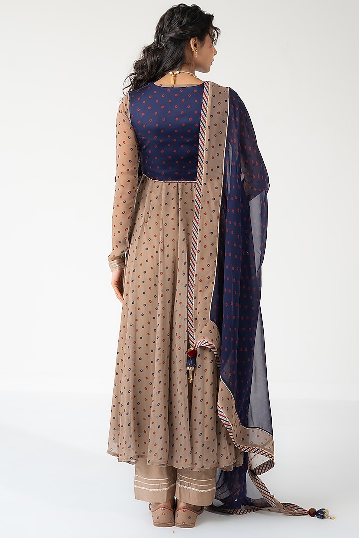 Beige Chiffon Bandhani Printed Koti Party Wear Anarkali Set by Baise Gaba at Pernia's Pop Up Shop