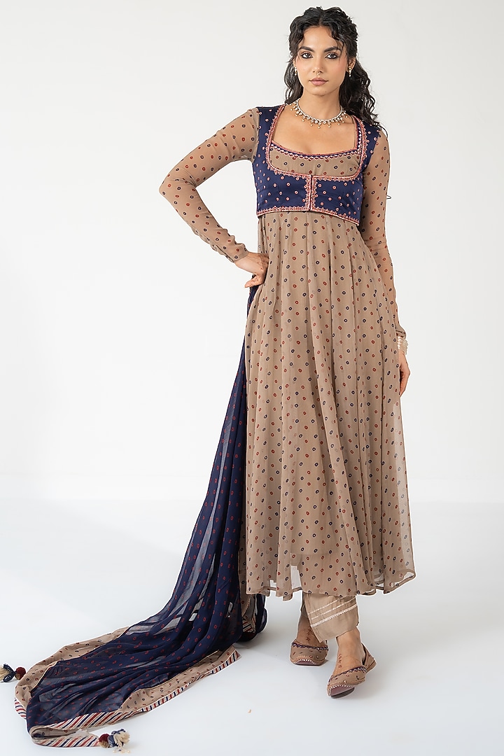 Beige Chiffon Bandhani Printed Koti Party Wear Anarkali Set by Baise Gaba at Pernia's Pop Up Shop
