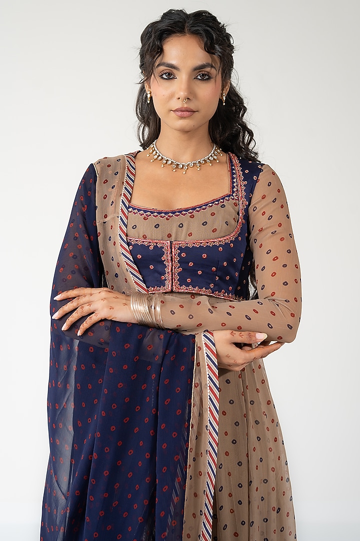 Beige Chiffon Bandhani Printed Koti Party Wear Anarkali Set by Baise Gaba at Pernia's Pop Up Shop