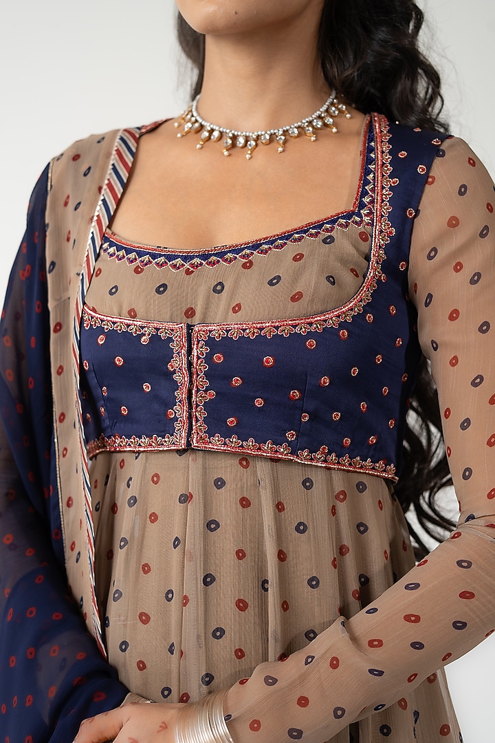 Beige Chiffon Bandhani Printed Koti Party Wear Anarkali Set by Baise Gaba at Pernia's Pop Up Shop