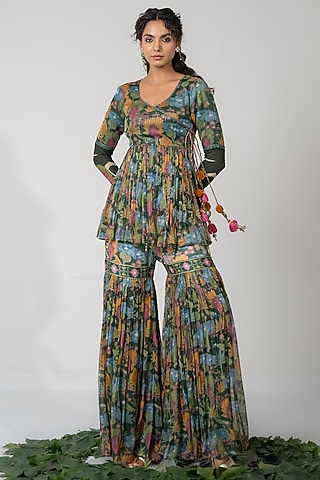 Green Lurex Chiffon Printed Gharara Set by Baise Gaba