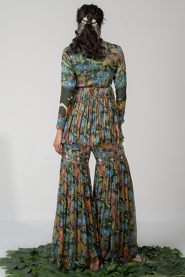 Green Lurex Chiffon Printed Gharara Set by Baise Gaba at Pernia's Pop Up Shop