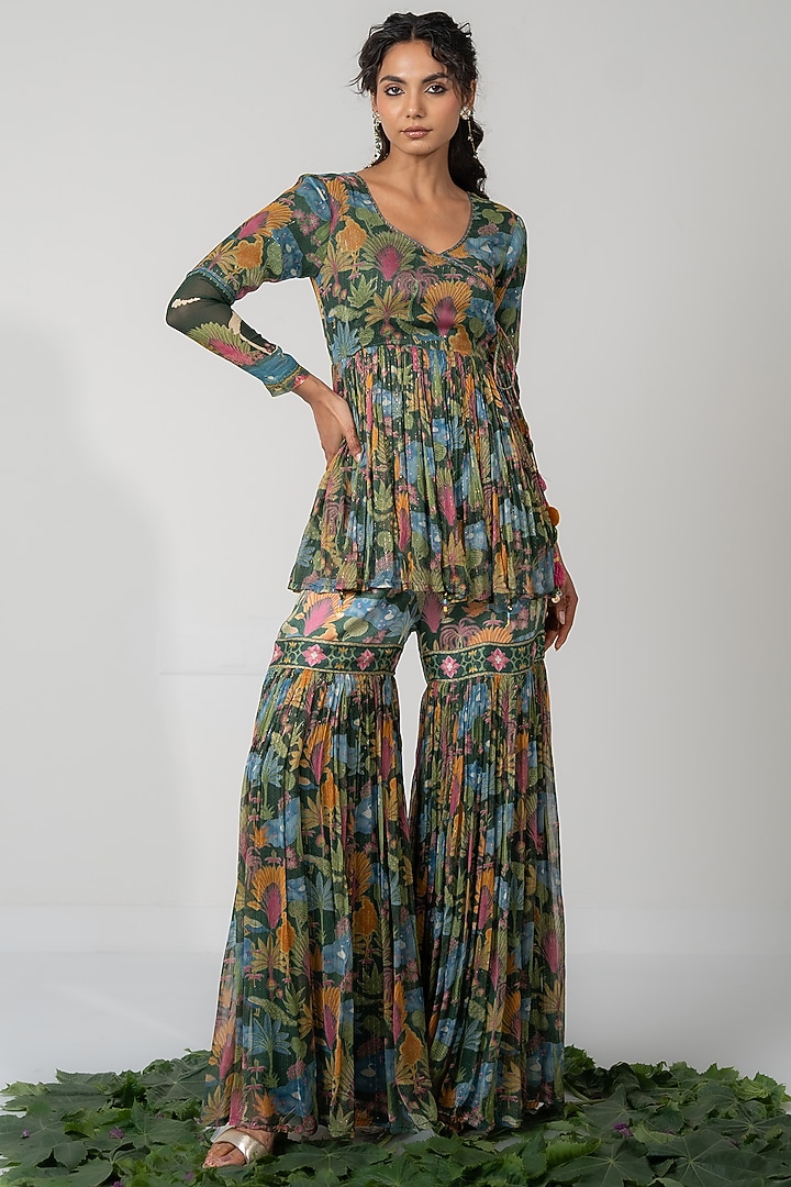 Green Lurex Chiffon Printed Gharara Set by Baise Gaba at Pernia's Pop Up Shop