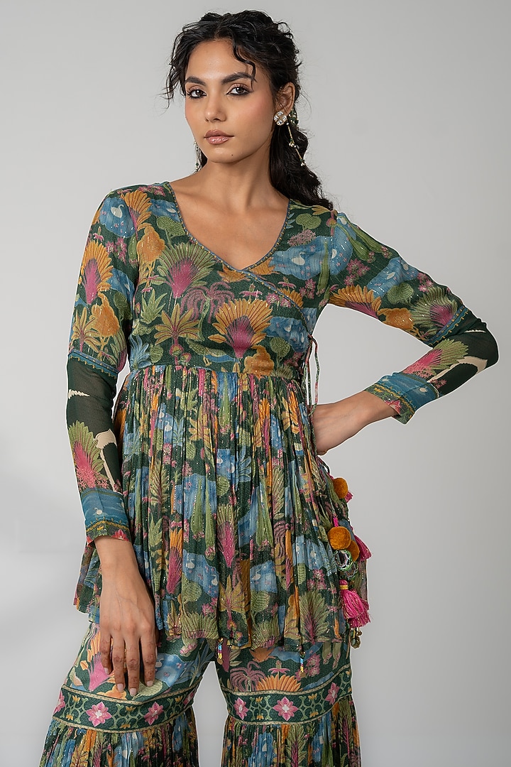 Green Lurex Chiffon Printed Gharara Set by Baise Gaba at Pernia's Pop Up Shop