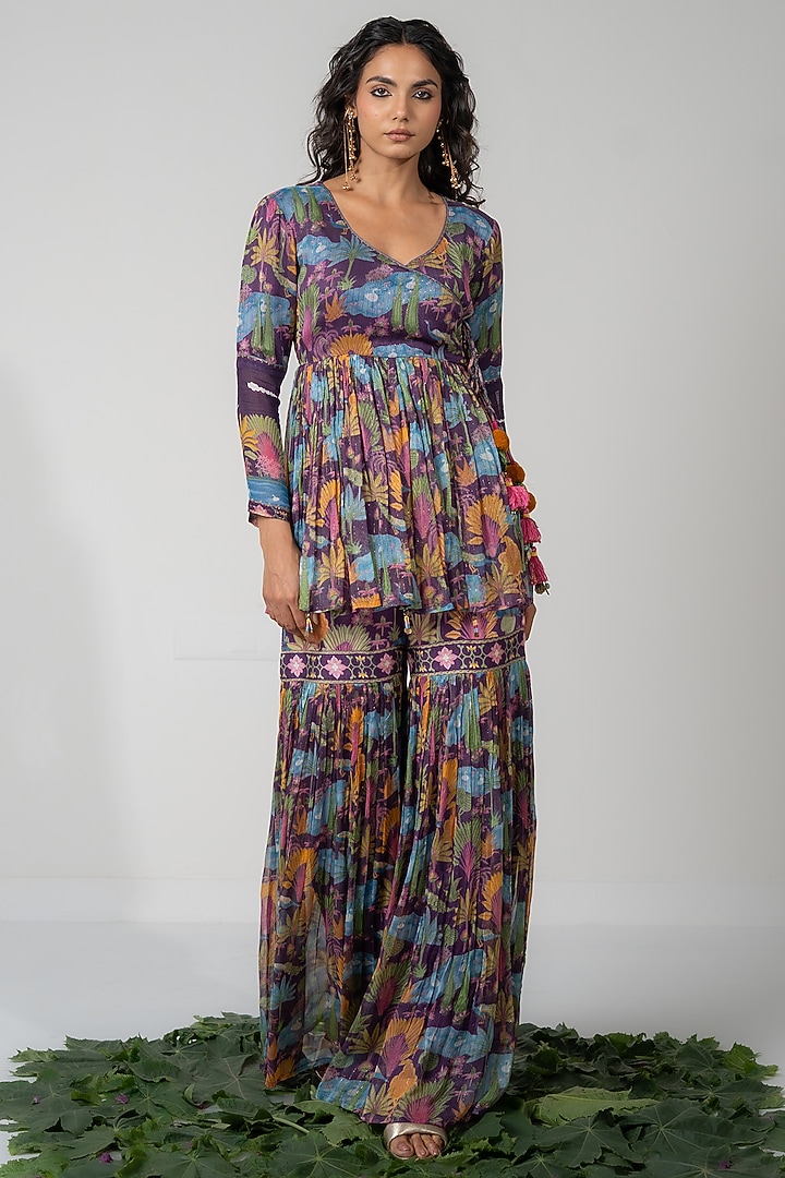 Purple Lurex Chiffon Printed Gharara Set by Baise Gaba at Pernia's Pop Up Shop