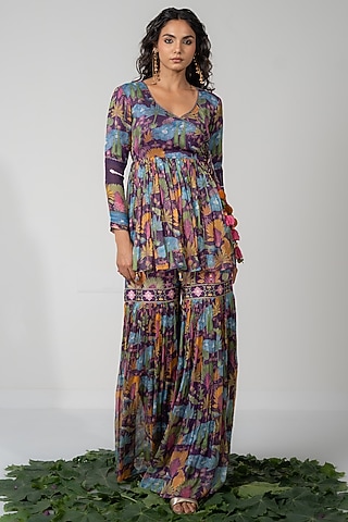 Purple Lurex Chiffon Printed Gharara Set by Baise Gaba