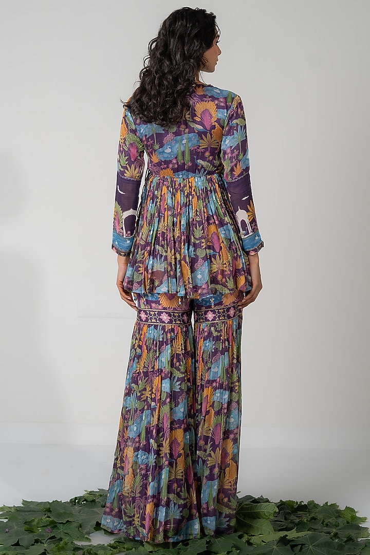 Purple Lurex Chiffon Printed Gharara Set by Baise Gaba at Pernia's Pop Up Shop
