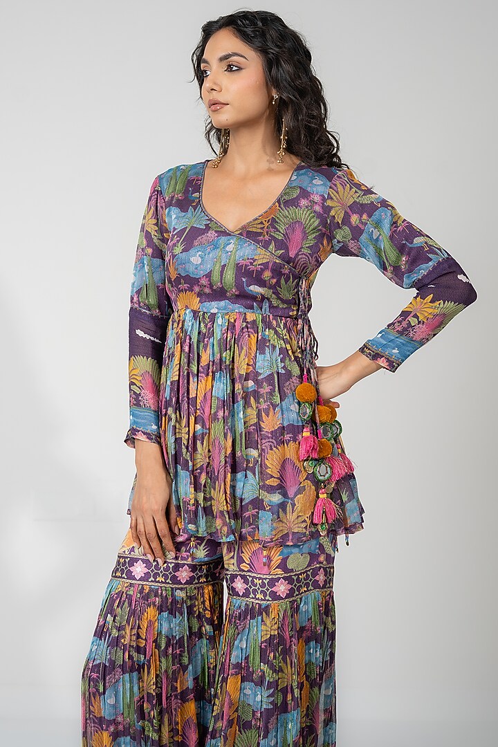 Purple Lurex Chiffon Printed Gharara Set by Baise Gaba at Pernia's Pop Up Shop