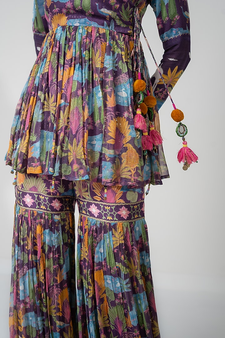 Purple Lurex Chiffon Printed Gharara Set by Baise Gaba at Pernia's Pop Up Shop