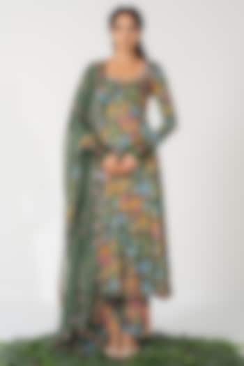 Green Lurex Chiffon Printed Kalidar Anarkali Set by Baise Gaba at Pernia's Pop Up Shop