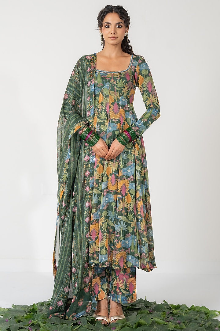 Green Lurex Chiffon Printed Kalidar Anarkali Set by Baise Gaba at Pernia's Pop Up Shop