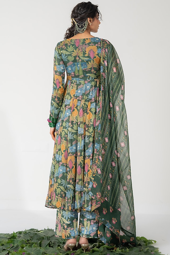 Green Lurex Chiffon Printed Kalidar Anarkali Set by Baise Gaba at Pernia's Pop Up Shop