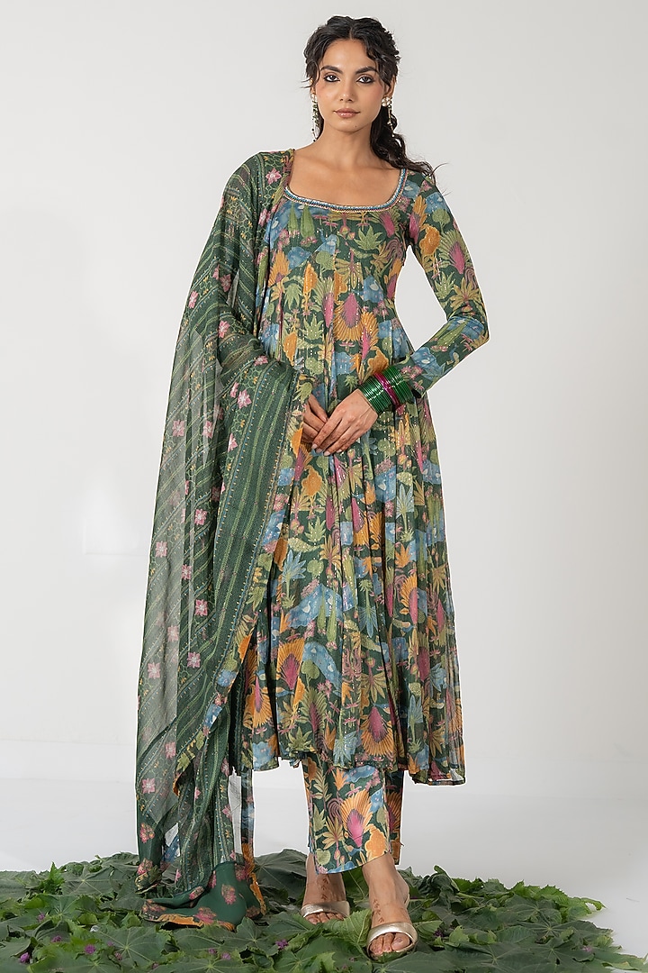 Green Lurex Chiffon Printed Kalidar Anarkali Set by Baise Gaba at Pernia's Pop Up Shop