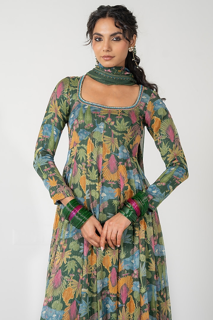 Green Lurex Chiffon Printed Kalidar Anarkali Set by Baise Gaba at Pernia's Pop Up Shop