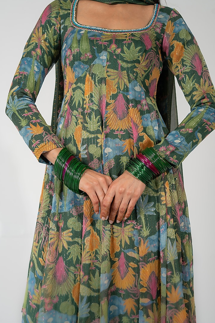 Green Lurex Chiffon Printed Kalidar Anarkali Set by Baise Gaba at Pernia's Pop Up Shop