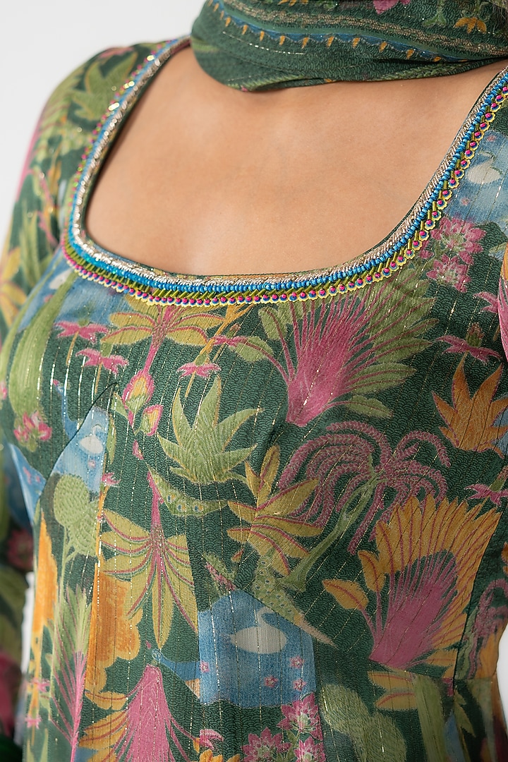 Green Lurex Chiffon Printed Kalidar Anarkali Set by Baise Gaba at Pernia's Pop Up Shop