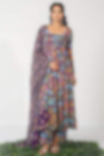 Purple Lurex Chiffon Printed Kalidar Anarkali Set by Baise Gaba at Pernia's Pop Up Shop