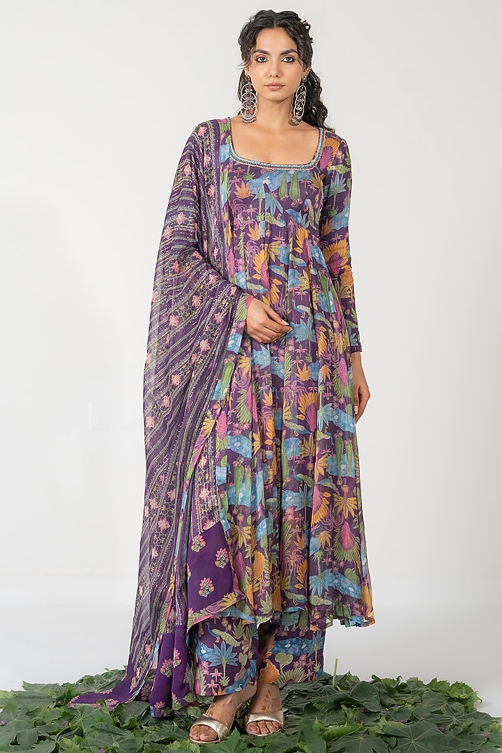 Purple Lurex Chiffon Printed Kalidar Anarkali Set by Baise Gaba at Pernia's Pop Up Shop