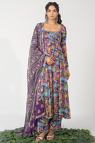 Purple Lurex Chiffon Printed Kalidar Anarkali Set by Baise Gaba