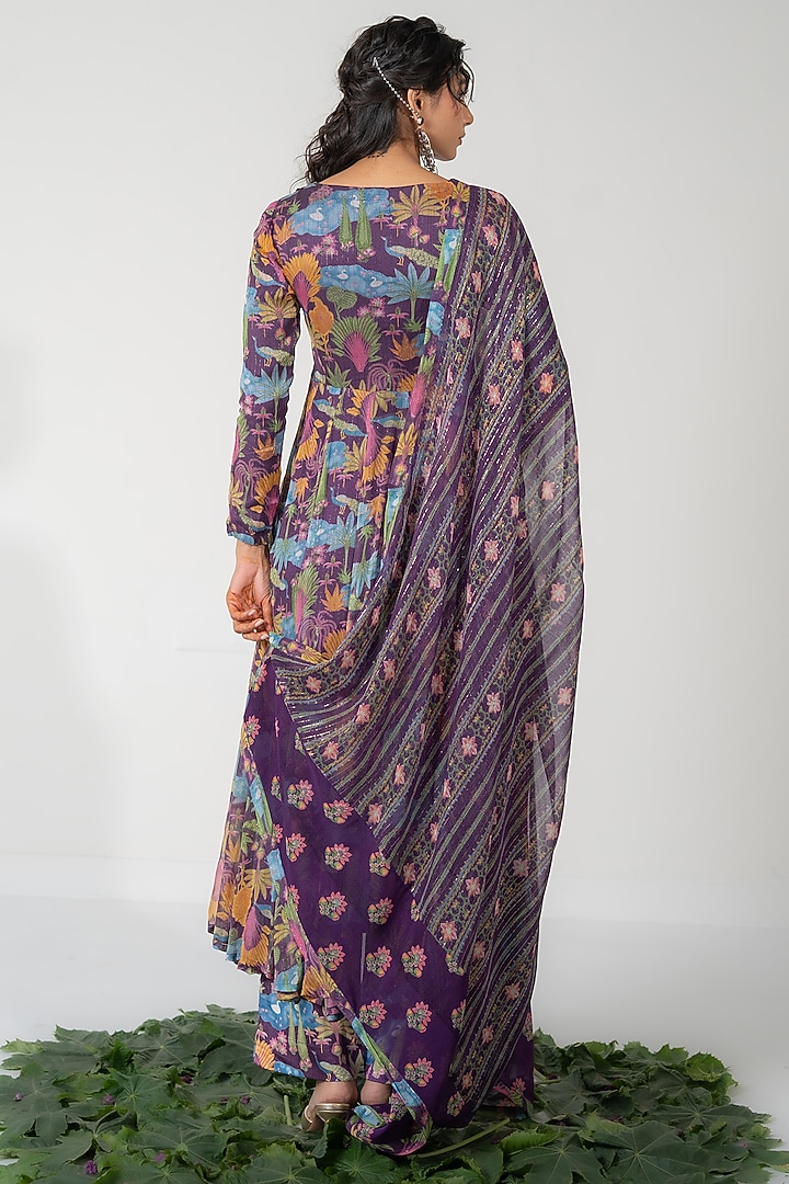 Purple Lurex Chiffon Printed Kalidar Anarkali Set by Baise Gaba at Pernia's Pop Up Shop