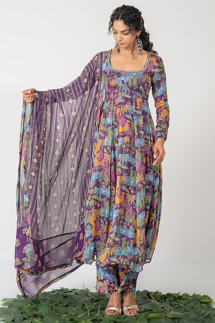 Purple Lurex Chiffon Printed Kalidar Anarkali Set by Baise Gaba at Pernia's Pop Up Shop