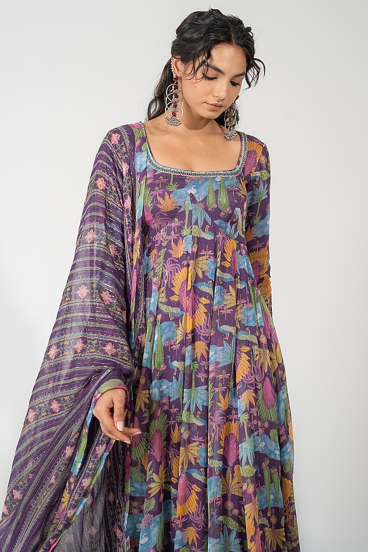 Purple Lurex Chiffon Printed Kalidar Anarkali Set by Baise Gaba at Pernia's Pop Up Shop