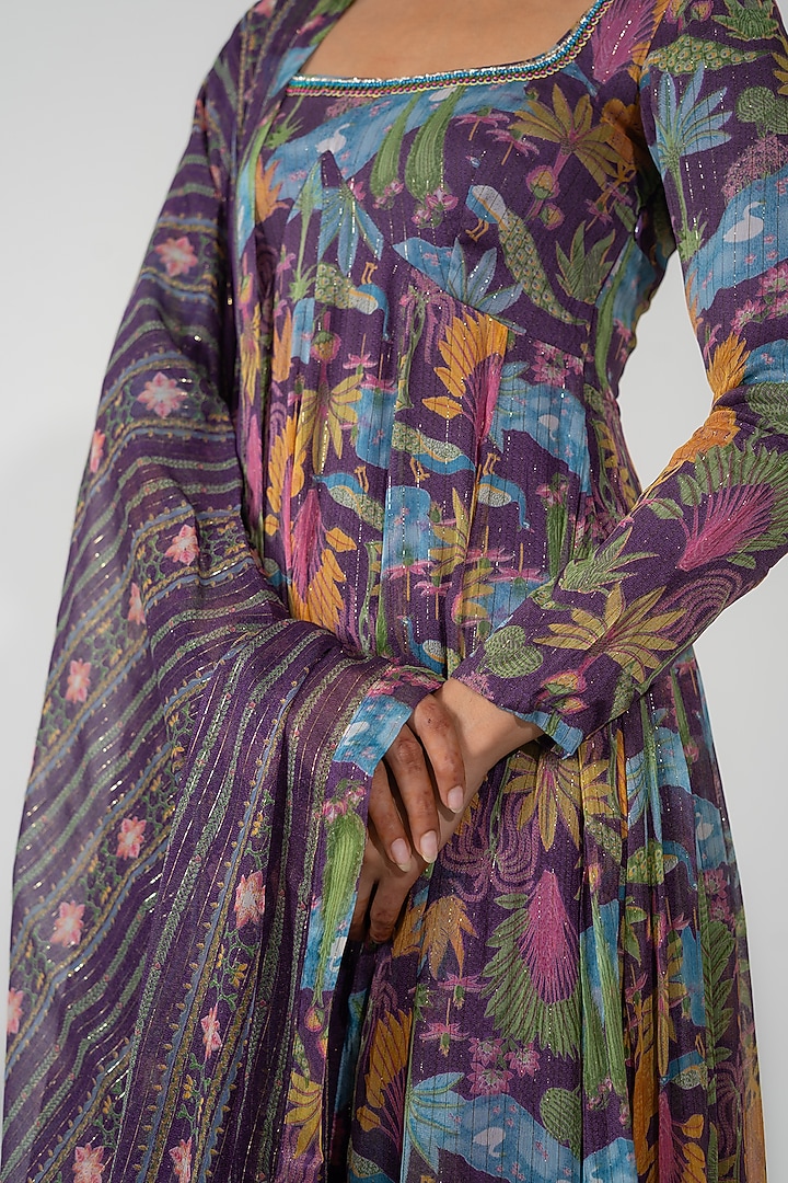 Purple Lurex Chiffon Printed Kalidar Anarkali Set by Baise Gaba at Pernia's Pop Up Shop