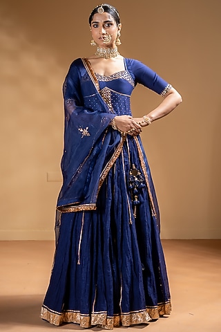 Blue Chanderi Gota Embellished Lehenga Set by Baise Gaba