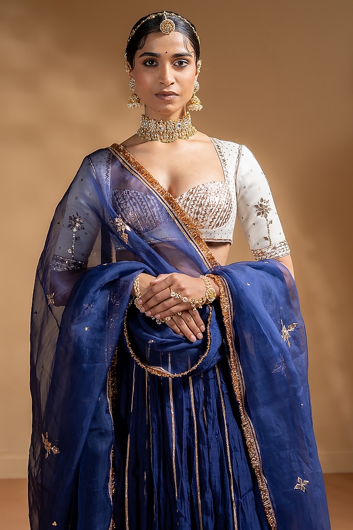 Blue Chanderi Gota Embellished Wedding Lehenga Set by Baise Gaba at Pernia's Pop Up Shop