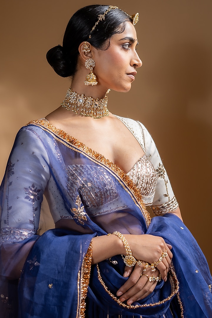 Blue Chanderi Gota Embellished Wedding Lehenga Set by Baise Gaba at Pernia's Pop Up Shop