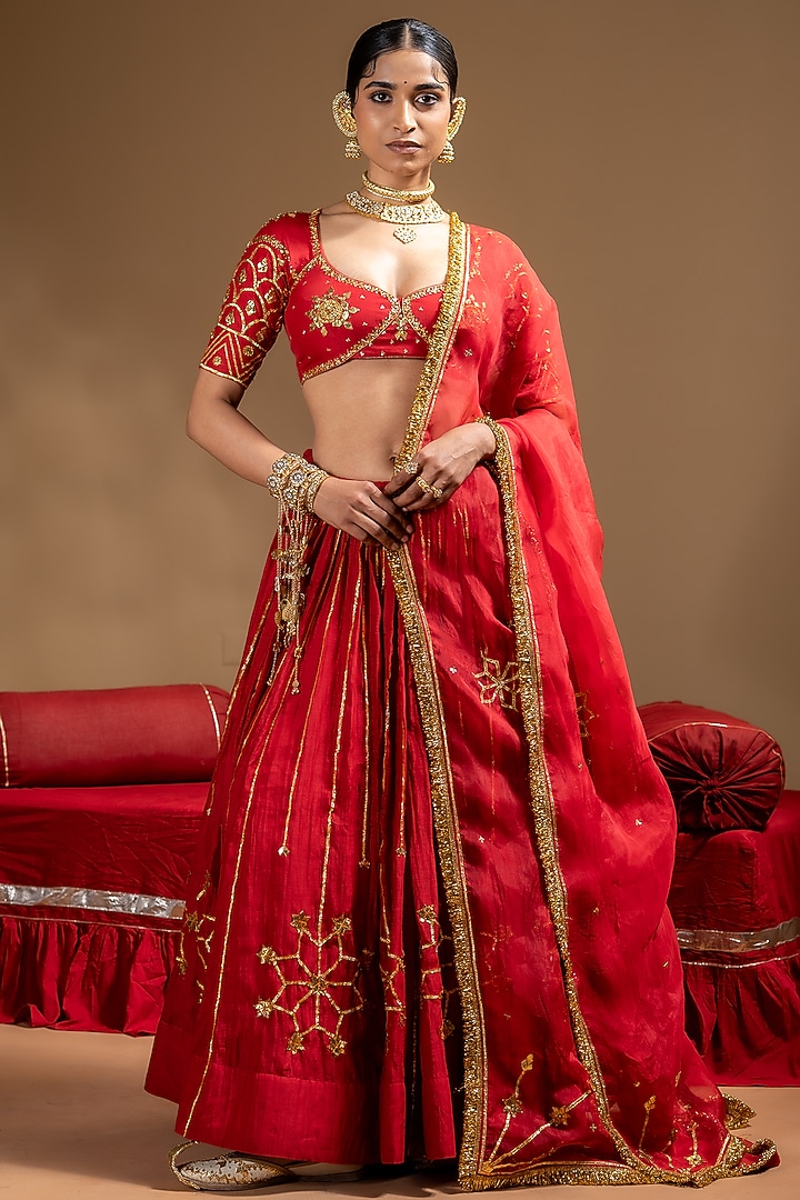 Red Chanderi Gota Embellished Wedding Lehenga Set by Baise Gaba at Pernia's Pop Up Shop