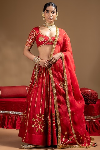 Red Chanderi Gota Embellished Lehenga Set by Baise Gaba
