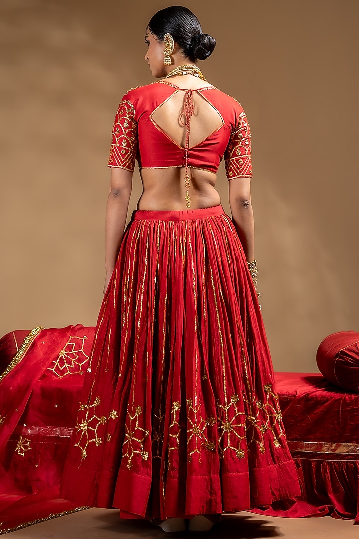 Red Chanderi Gota Embellished Wedding Lehenga Set by Baise Gaba at Pernia's Pop Up Shop