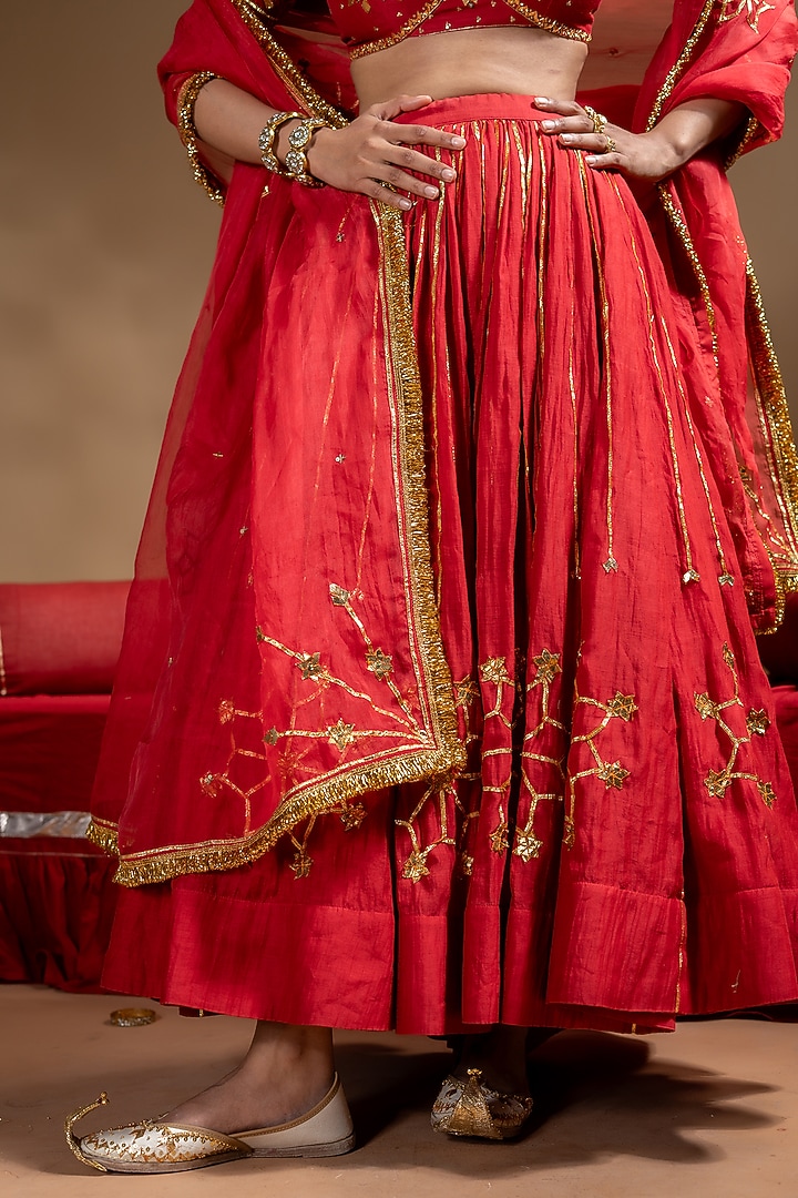 Red Chanderi Gota Embellished Wedding Lehenga Set by Baise Gaba at Pernia's Pop Up Shop