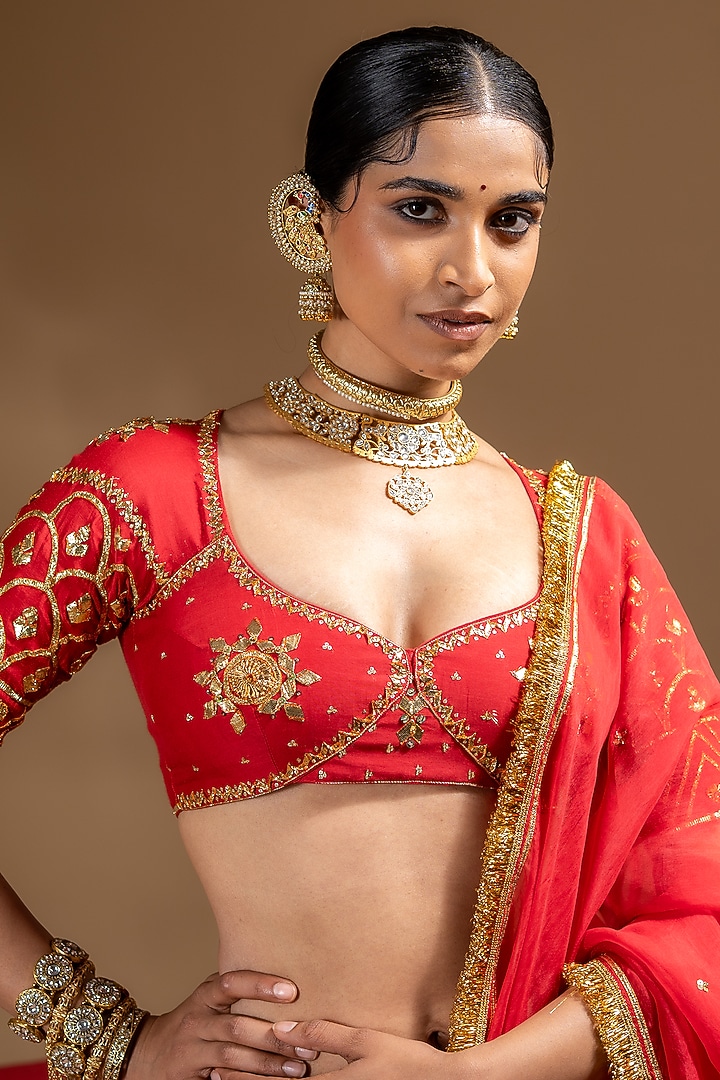 Red Chanderi Gota Embellished Wedding Lehenga Set by Baise Gaba at Pernia's Pop Up Shop