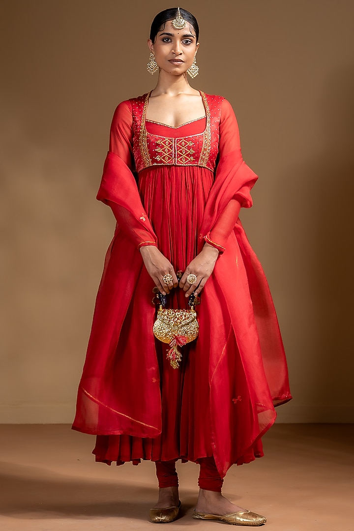 Red Chanderi Gota Work Party Wear Anarkali Set by Baise Gaba at Pernia's Pop Up Shop