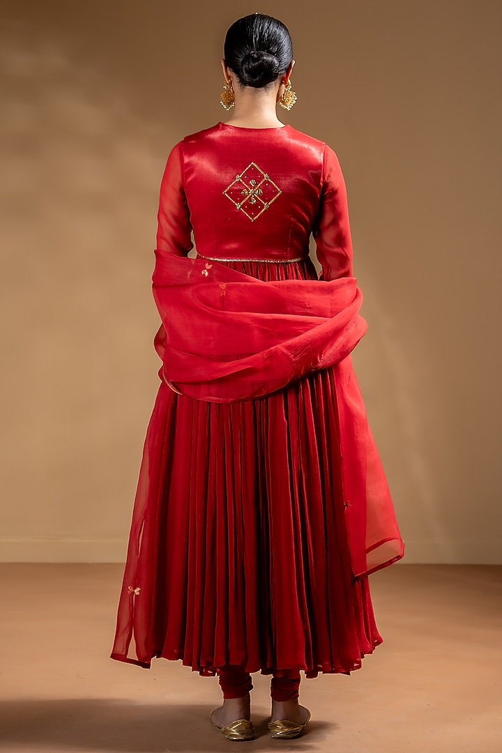 Red Chanderi Gota Work Party Wear Anarkali Set by Baise Gaba at Pernia's Pop Up Shop