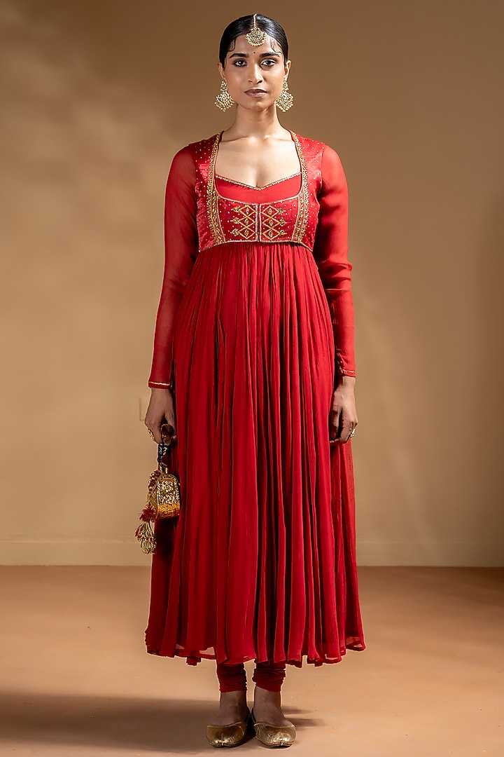 Red Chanderi Gota Work Party Wear Anarkali Set by Baise Gaba at Pernia's Pop Up Shop