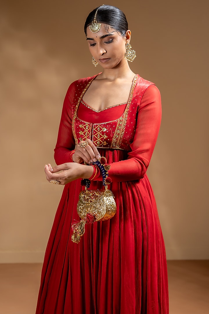 Red Chanderi Gota Work Party Wear Anarkali Set by Baise Gaba at Pernia's Pop Up Shop