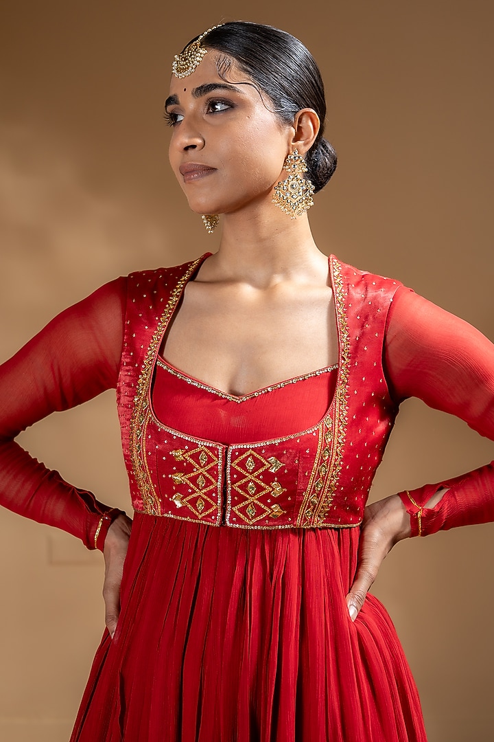 Red Chanderi Gota Work Party Wear Anarkali Set by Baise Gaba at Pernia's Pop Up Shop
