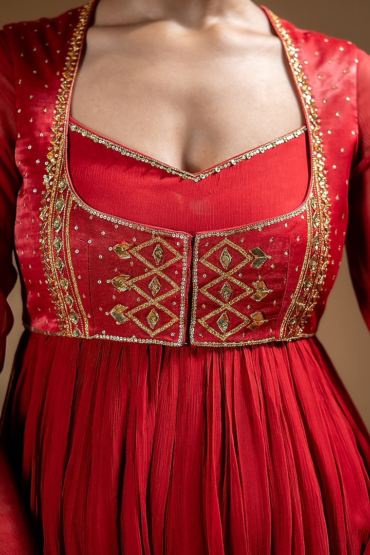 Red Chanderi Gota Work Party Wear Anarkali Set by Baise Gaba at Pernia's Pop Up Shop