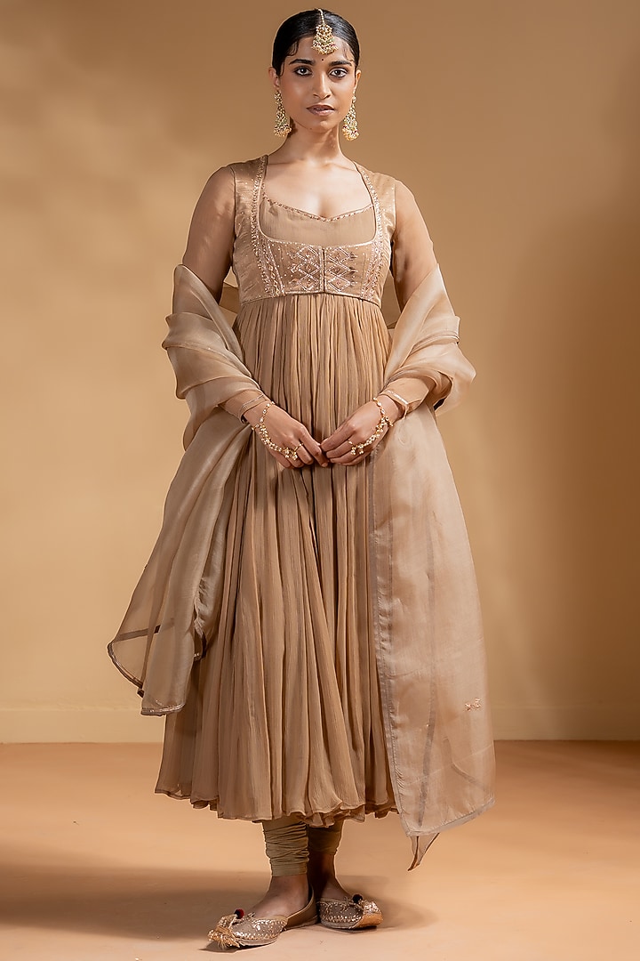 Mocha-Colored Chanderi Gota Work Party Wear Anarkali Set by Baise Gaba at Pernia's Pop Up Shop