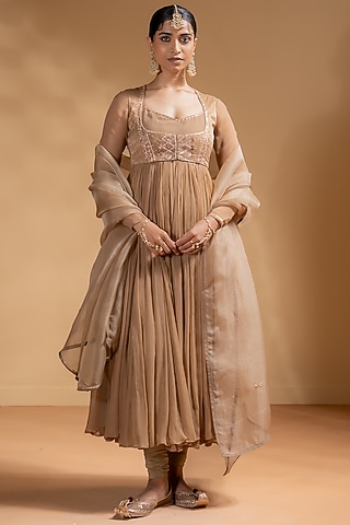 Mocha-Colored Chanderi Gota Work Anarkali Set by Baise Gaba
