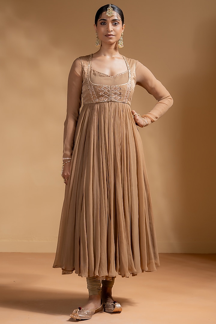 Mocha-Colored Chanderi Gota Work Party Wear Anarkali Set by Baise Gaba at Pernia's Pop Up Shop